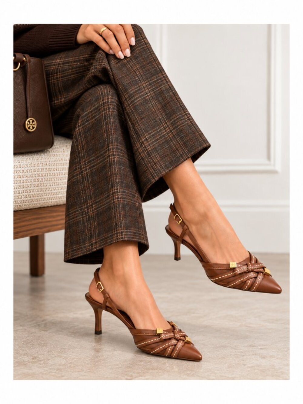 Tory Burch Leather Pointed Toe Slingback Heels Gold Logo Mocha Brown 6.5